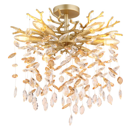 Stropné svietidlo, kov zlatej matnej farby, sklenené krištále jantárové, číre, flexo na objímkach, ø