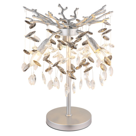 Stolové svietidlo, kov strieborná matná, sklenené krištále dymové, číre, kábel PVC, kolískový vypína
