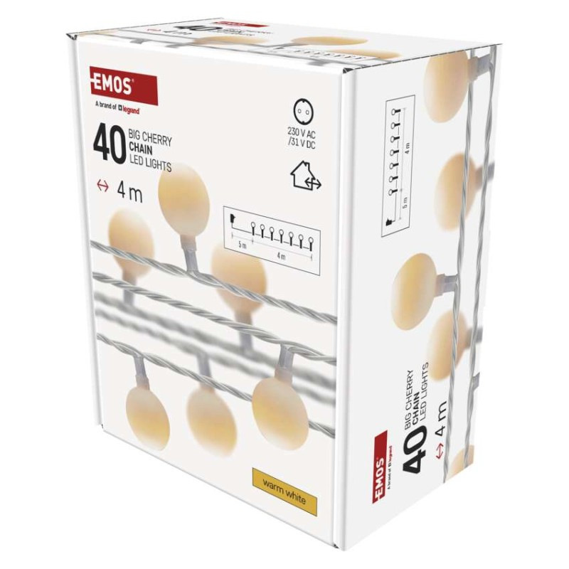 LED svetelná cherry reťaz – guličky 2,5cm, 4m, vonkajšia aj vnútorná, teplá biela, časovač