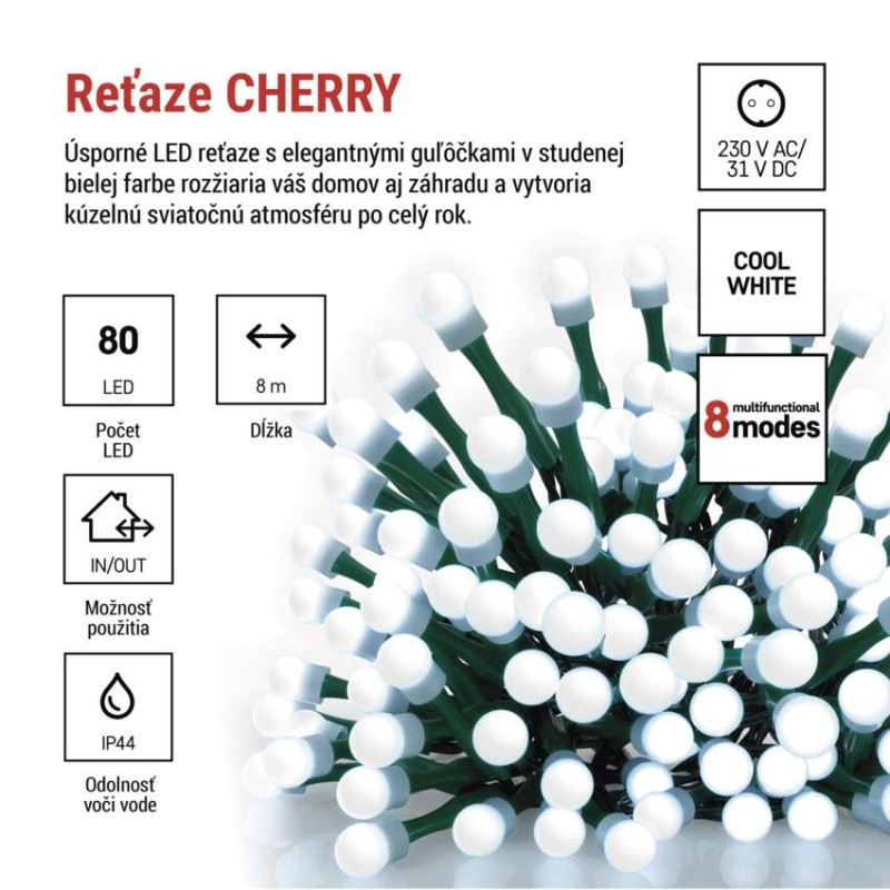 LED vianočná cherry reťaz – guličky, 8 m, vonkajšia aj vnútorná,st. biela,programy,časovač