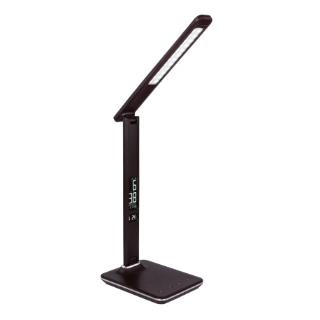 Stolová lampa, plast hnedý, imitácia kože, chróm, čas, dátum, teplomer, stmievateľné, fixácia farieb