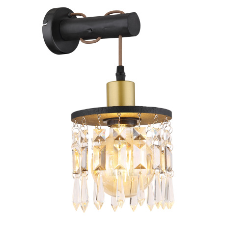 Nástenné svietidlo, mosadz, drevo čierne, sklenené krištále, textilný kábel hnedý, svieti smerom dol
