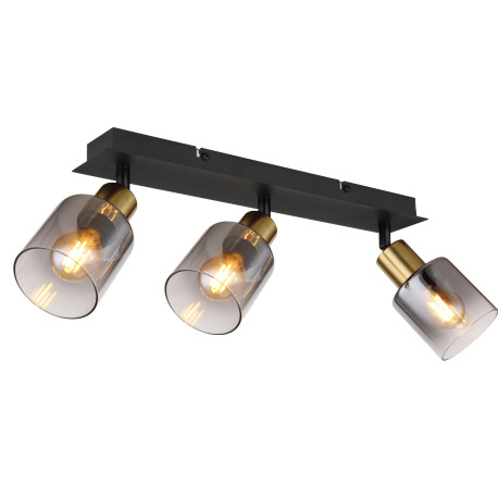 Stropné svietidlo, kov čierny matný, kov zlatý matný, sklo dymové, priehľadné, DxŠxV: 400x80x182mm,