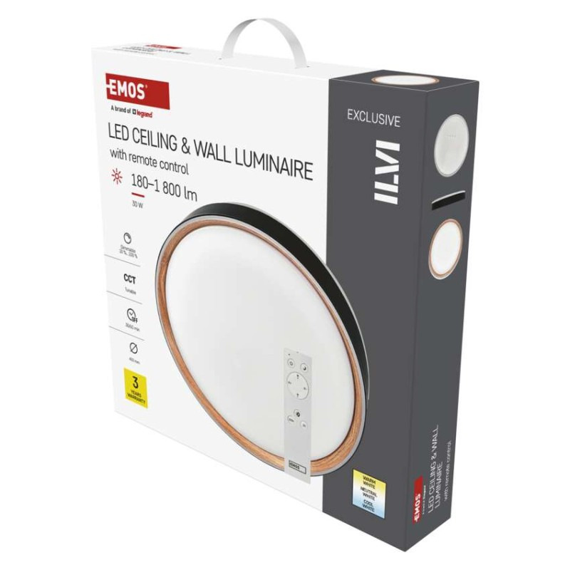 LED nástenné svietidlo ILVI, kruhové 30 W, stmievanie + CCT, čierna + drevo