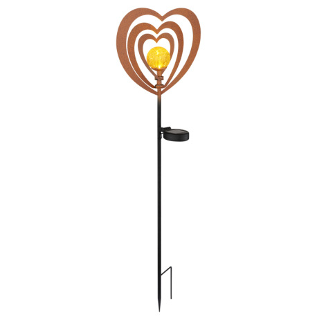 Solárne svietidlo, kov, imitácia hrdze, kov čierny, plast čierny matný, jantárová guľa s efektom pop