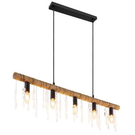 Závesné svietidlo, kov čierny, drevo hnedé, sklenené krištále, textilný čierny kábel, DxŠxV:900x60x1