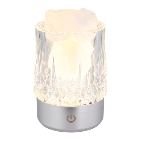 Stolová lampa, matný strieborný plast, priehľadný plast s krištáľovým efektom, biele ozdobné kamene,