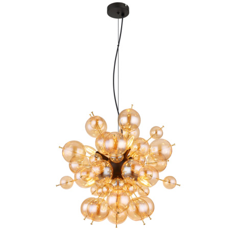 Závesné svietidlo, kov čierny, kov zlatej farby, sklenené gule jantárovej farby, kábel PVC čierny, m