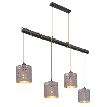 Závesné svietidlo, kov čierny, textil sivý, textilný kábel šampaň, kábel na ovinutie, DxŠxV:1000x160