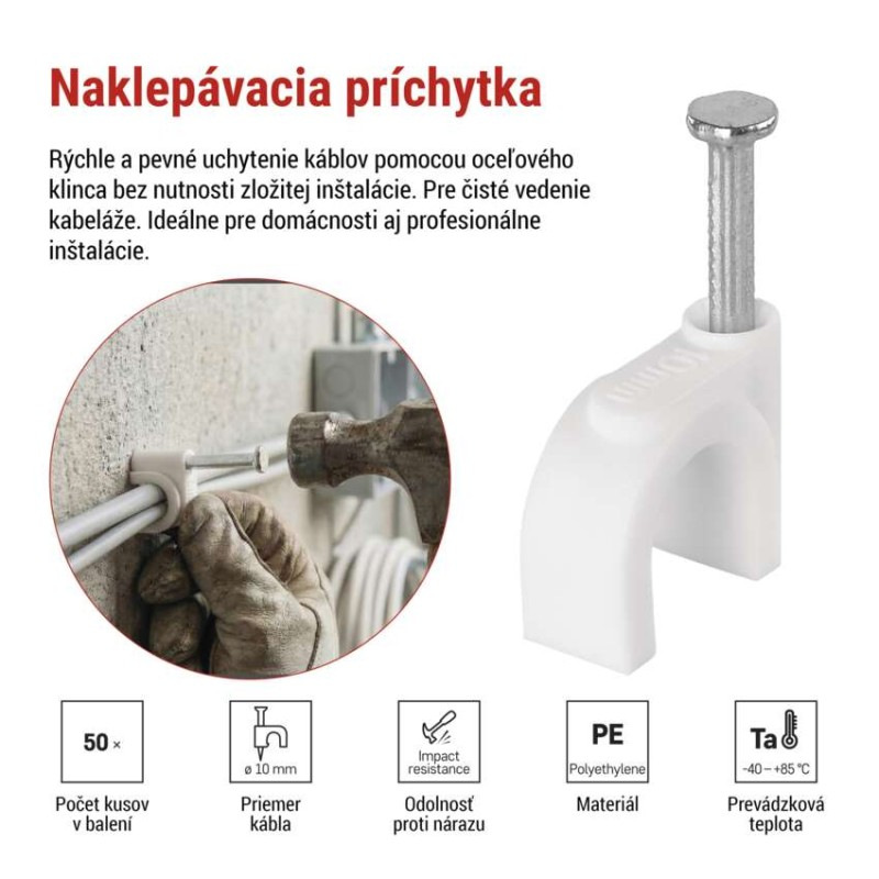 Káblová príchytka 10 mm, biela, 50 ks