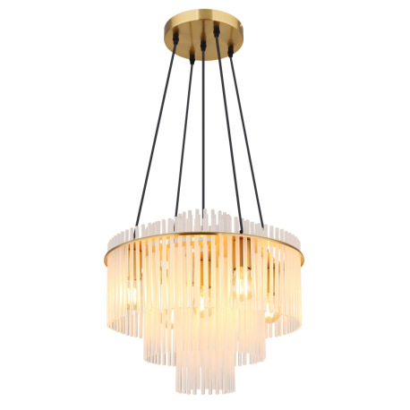 Závesná lampa, matný zlatý kov, satinované sklenené tykye s čírym prechodom, čierny PVC kábel, výško