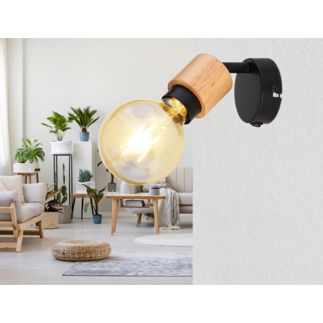 Nástenné svietidlo, kov čierny, svetlé drevo, vypínač, ŠxV: 80x95, H: 145,bez žiarovky 1xE27, max. 4 1
