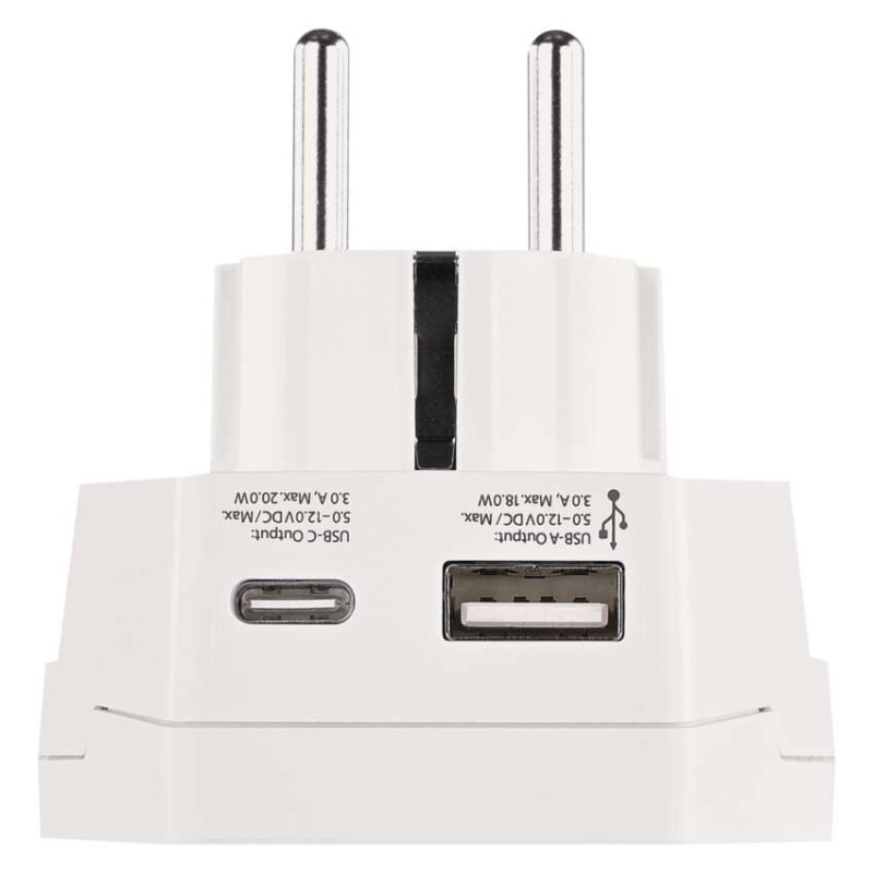 Cestovný univerzálny adaptér pre cudzincov do strednej Európy, 1×USB-C, 1×USB-A 4