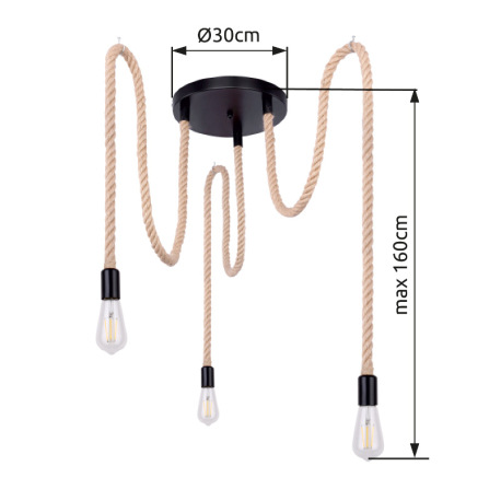 Závesné svietidlo, kov čierny, lano hnedé, Ø300, V:1600, bez žiaroviek 3xE27, max. 60W 230V 12