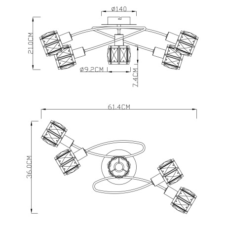 Stropné svietidlo, kov, nikel, chróm, sklenený kryštál priehľadný, DxŠxV:615x360x210, bez žiaroviek 9