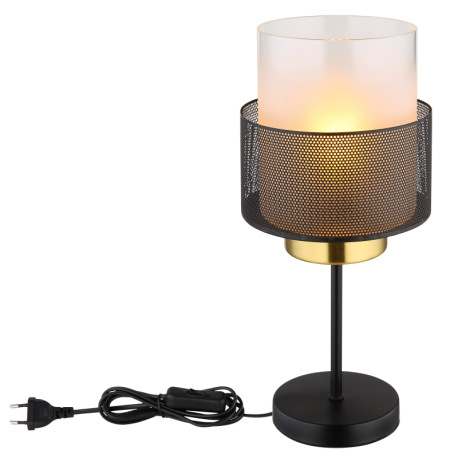 Stolové svietidlo, kov čierny matný, sklo satinované, priehľadné, čierny textilný kábel, kolískový v 4