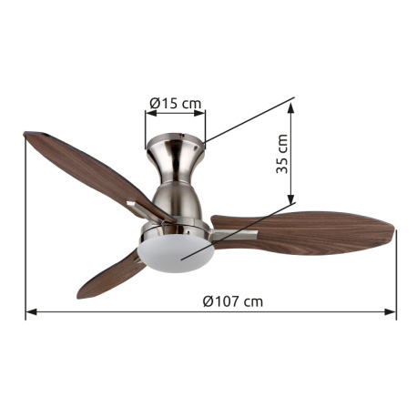 Stropný ventilátor, kov nikel, plast imitácia dreva, niekoľko rýchlostí pomocou nástenného spínača, 18