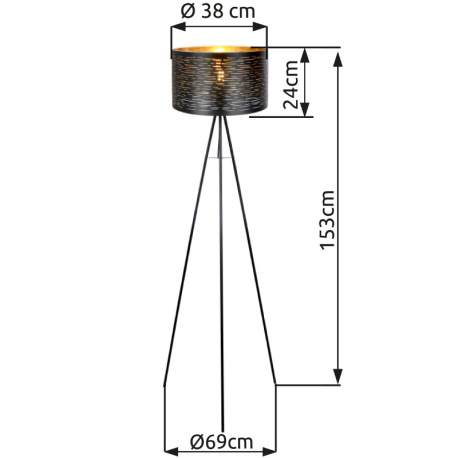 Stojanové svietidlo, kov čierny, plast čierny a zlatý, priemer tienidla: 38 cm, kábel 1,8 m, vypínač 8