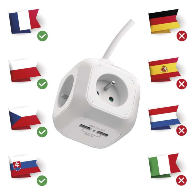 Predlžovací kábel - kocka 1,9 m / 4 zásuvky / biely / PVC / s USB / 1 mm2 2