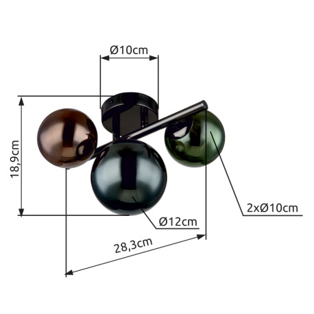 Stropné svietidlo, kov sivý matný, sklenené gule, farby skla: bronzová, zelená, petrolejová, DxŠxV: 8