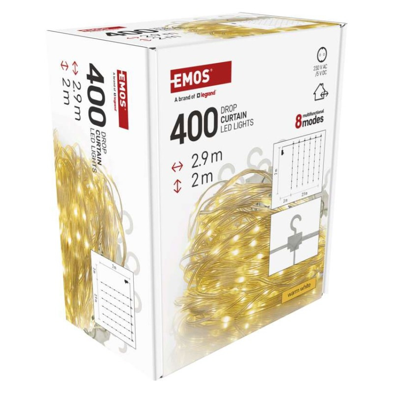 LED vianočná drop reťaz – záclona, 2,9x2 m, vonkajšia aj vnútorná, teplá biela, programy 9