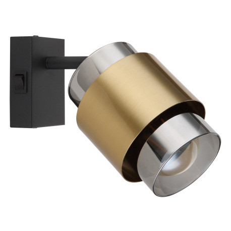 Nástenné svietidlo kov čierny matný, sklo dymovej farby, mosadzný krúžok, vypínač, ŠxV: 100x170mm, H 7