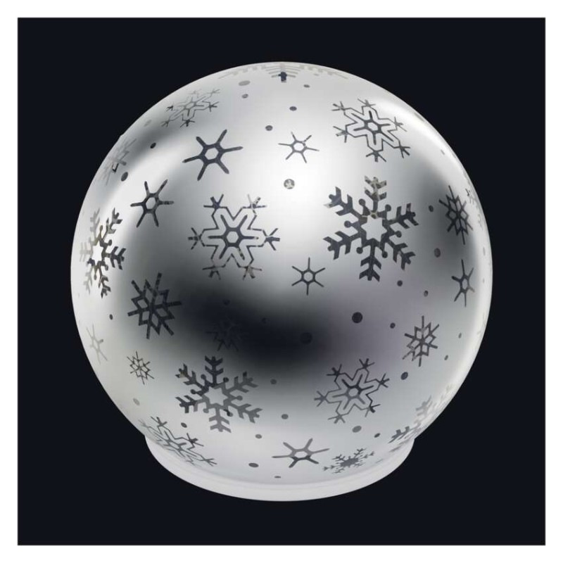 LED vianočná sklenená guľa – vločky, 12 cm, 3x AA, vnútorný, teplá biela, časovač 9
