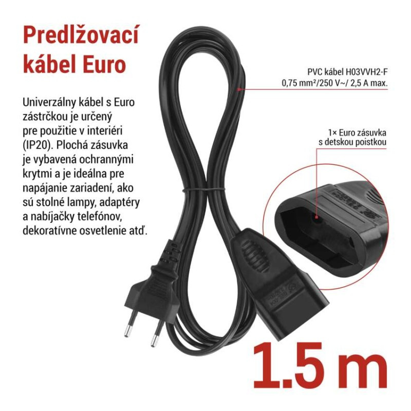 Dvojžilový pohyblivý prívod 1,5 m / 1 zásuvka / čierny / PVC / 0,75 mm2 3