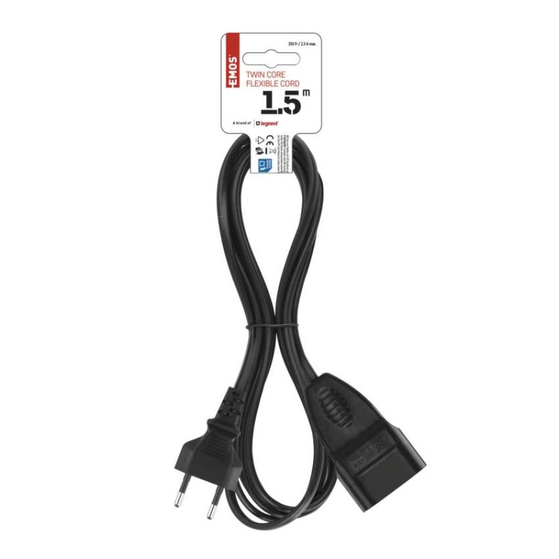 Dvojžilový pohyblivý prívod 1,5 m / 1 zásuvka / čierny / PVC / 0,75 mm2 2