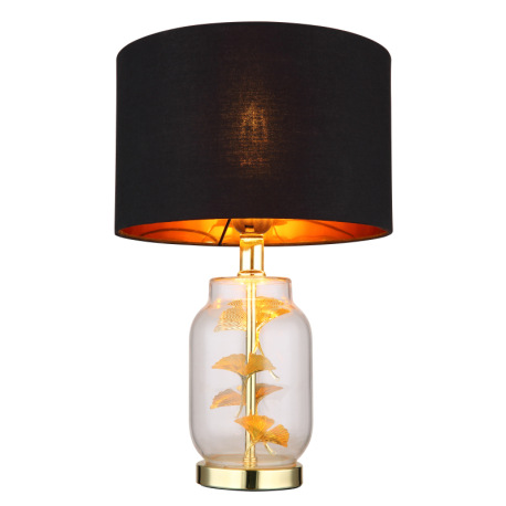 Stolové svietidlo, mosadzný kov, sklo priehľadné, čierny textil, plast zlatej farby, čierny PVC kábe 13