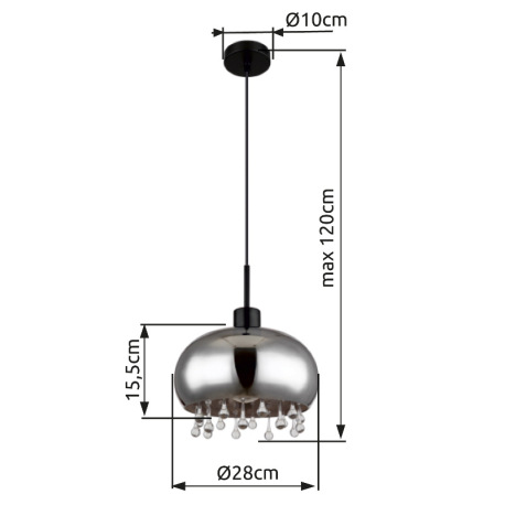 Závesné svietidlo, kov čierny matný, sklo dymové, sklenené krištále priehľadné, textilný kábel čiern 14