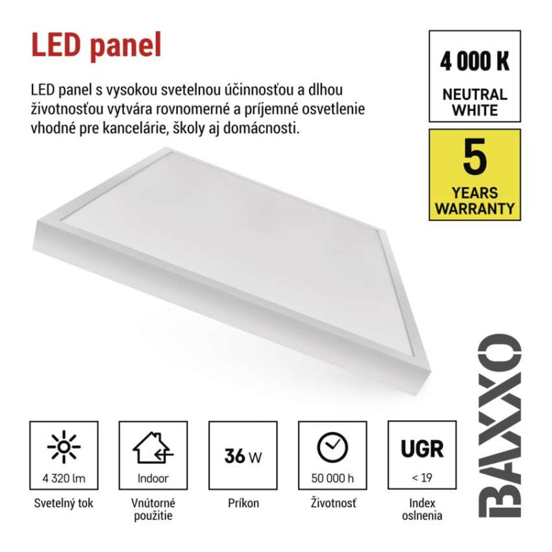 LED panel BAXXO 60×60, štvorcový prisadený biely, 36W neutr. biela 4