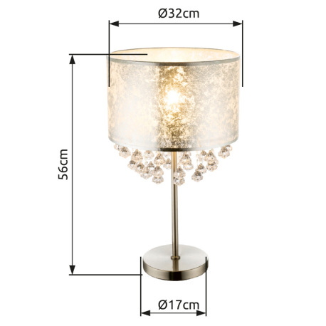 Stolová lampa, kov nikel matný, textil strieborný, akrylové krištále priehľadné, kábel 1,5m, vypínač 18