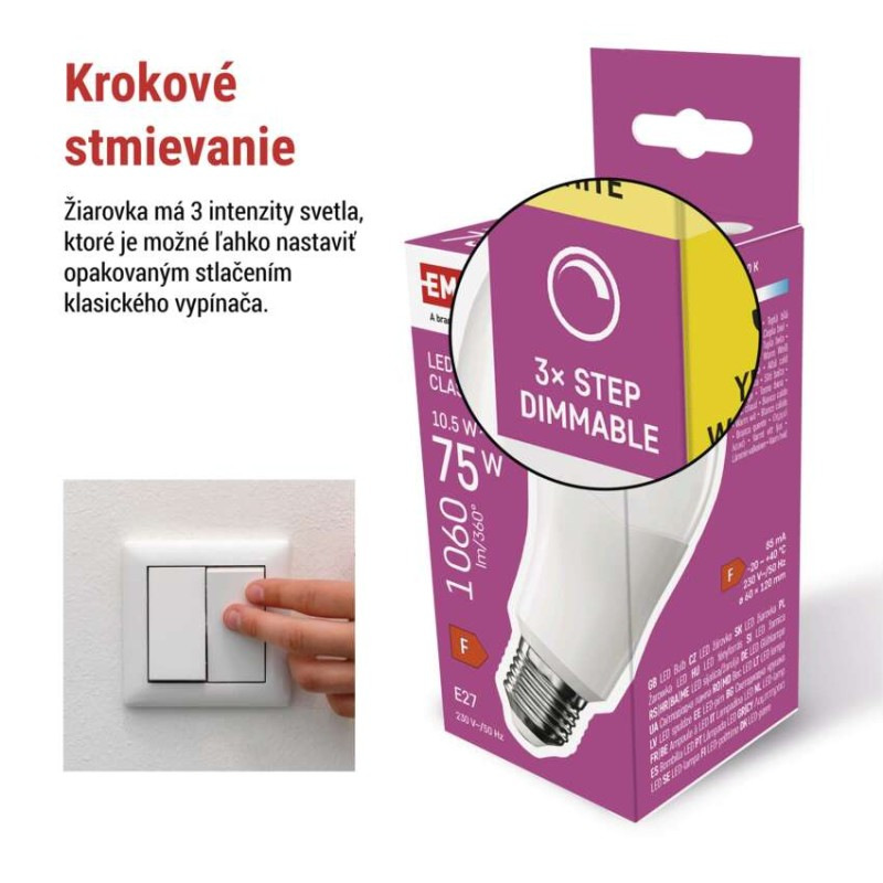 LED žiarovka Classic A60/E27/10,5 W (75 W)/1 060 lm/teplá b./krokovo stmievateľná 2