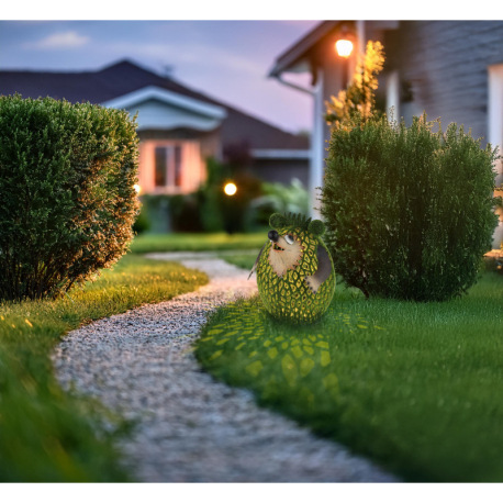 Solárne svietidlo, kov hnedý, plast zelený, vypínač, batéria AA 400mAh 1,2V, IP44, ježko, DxŠxV: 160 1