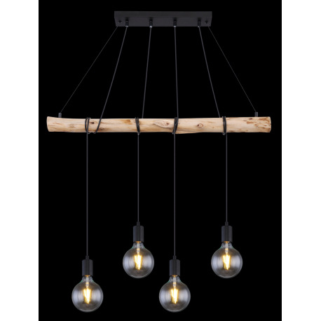 Závesné svietidlo, kov čierny matný, drevo, DxŠxV: 900x70x1200, bez žiaroviek 4xE27, max. 60W 230V 5