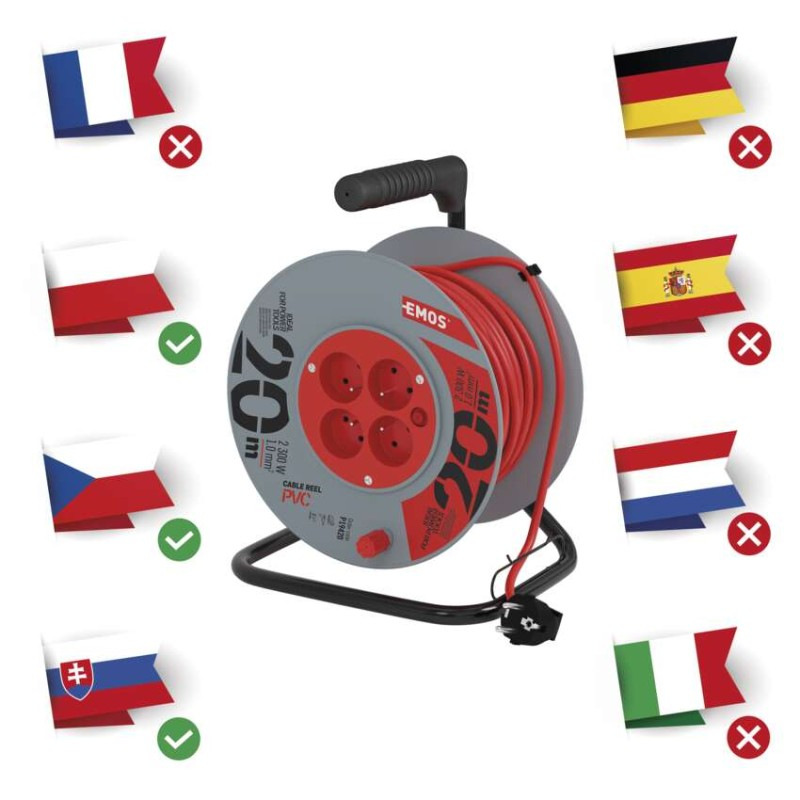 Predlžovací kábel na bubne 20 m / 4 zásuvky / červený / PVC / 230 V / 1 mm2 4