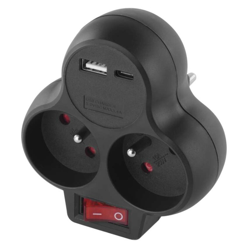 Rozbočovacia zásuvka 2×, vyp., 1×USB-A+1×USB-C, čierna