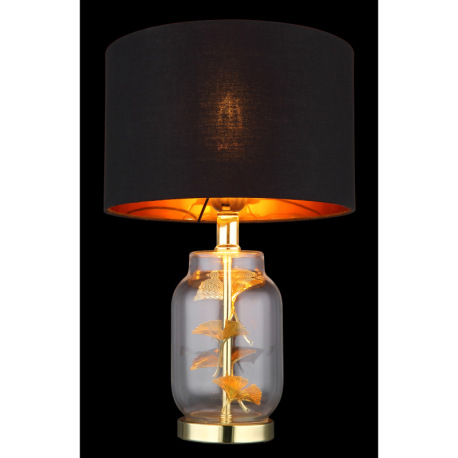 Stolové svietidlo, mosadzný kov, sklo priehľadné, čierny textil, plast zlatej farby, čierny PVC kábe 14