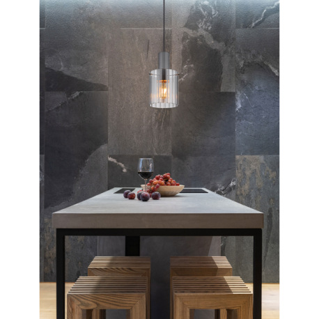 Závesné svietidlo, kov sivý tmavý, sklo dymovej farby, textilný kábel čierny, možnosť skrátenia výšk 8