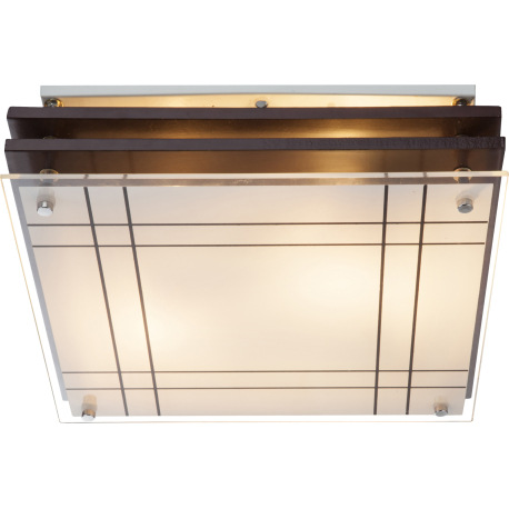 Stropné svietidlo, drevo tmavohnedé, satinované sklo, DxŠxV: 310x310x80, bez žiaroviek 2xE27, max. 6 12