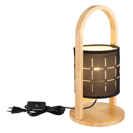 Stolná lampa prírodné drevo, textil čierny, kábel PVC čierny, kolískový vypínač na kábli, ø: 160mm, 4