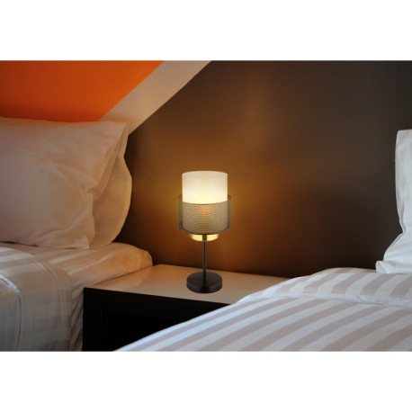 Stolové svietidlo, kov čierny matný, sklo satinované, priehľadné, čierny textilný kábel, kolískový v 10