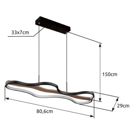 Závesné svietidlo, kov/hliník čierny matný, drevo, stmievateľné, niekoľko úrovní pomocou nástenného 12
