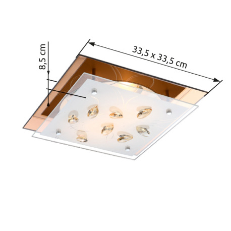 Stropné svietidlo, jantár, biele sklo, K5 kryštály champagne, spodné sklo jantár, DxŠxV: 335x335x85, 4