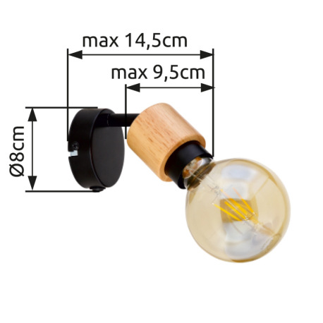 Nástenné svietidlo, kov čierny, svetlé drevo, vypínač, ŠxV: 80x95, H: 145,bez žiarovky 1xE27, max. 4 14