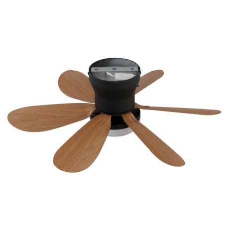 Stropný ventilátor, kov čierny matný, plast imitácia dreva, stmievateľný, viacero rýchlostí pomocou 5
