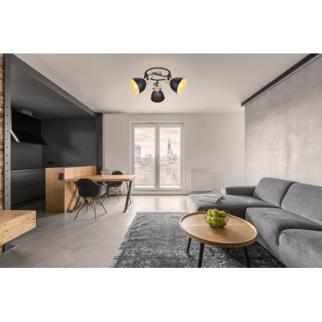 Stropné svietidlo, kov čierny, kov vo farbe imitujúcej drevo, Ø500, V:215, bez žiaroviek 3xE27, max. 7