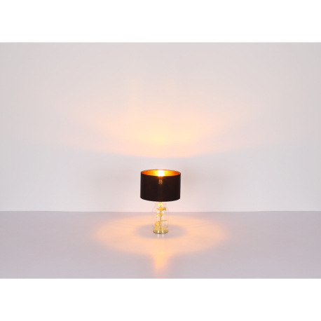 Stolové svietidlo, mosadzný kov, sklo priehľadné, čierny textil, plast zlatej farby, čierny PVC kábe 8