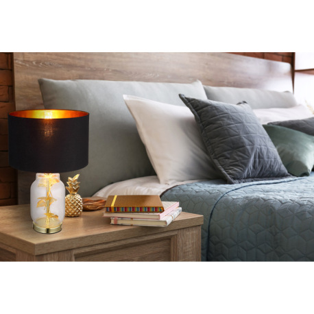 Stolové svietidlo, mosadzný kov, sklo priehľadné, čierny textil, plast zlatej farby, čierny PVC kábe 10